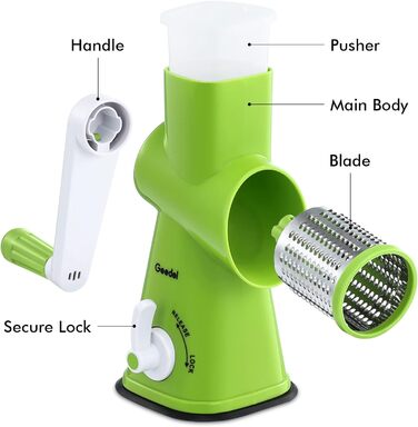 Терка для сиру, Ручна барабанна тертка з 3 знімними барабанними лезами, Овочерізка для швидкого різання, ідеально підходить як терка для картоплі, Терка для горіхів з рукояткою, Подрібнювач горіхів, Подрібнювач мигдалю (Зелений)