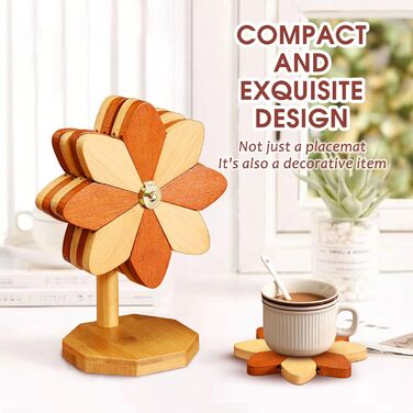 Набір з 4 дерев'яних підставок під гаряче з тримачем у формі вітряка, 5 предметів Qnynnty