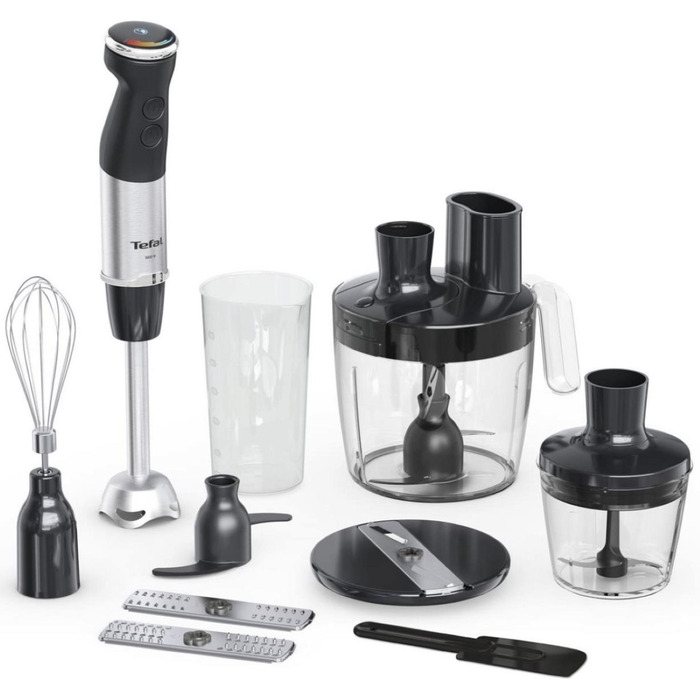 Tefal Блендер заглибний Quickchef+, 1000Вт, 4в1, чаша-800мл, чопер-500мл, кухонний комбайн 5в1, турборежим, сіро-чорний