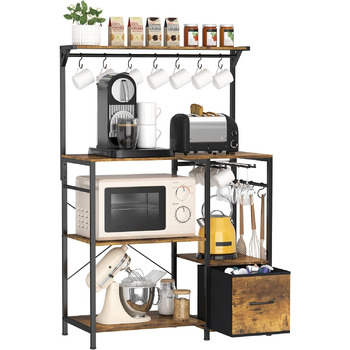 Кухонна полиця Lifewit, стійка для мікрохвильової печі, кав'ярня з гачками на 10 чашок, 1 контейнер для тканини, тримач для келихів для вина, кухонна стійка для приправ, сковорідок і каструль, сільський коричневий