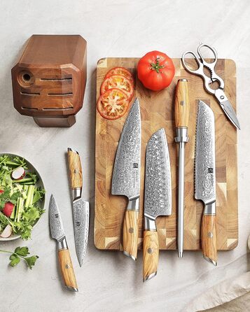 Набор кухонных ножей из дамасской стали в деревянном блоке, 8 предметов XINZUO