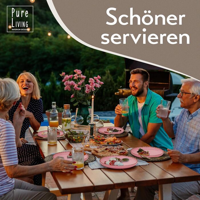 Набір посуду з керамограніту 6 персон Рустик 24 шт. - Набір посуду в сільському стилі, можна мити в посудомийній машині - Набір мисок і тарілок - Чистий живий посуд в (миски (6x), рожеві)