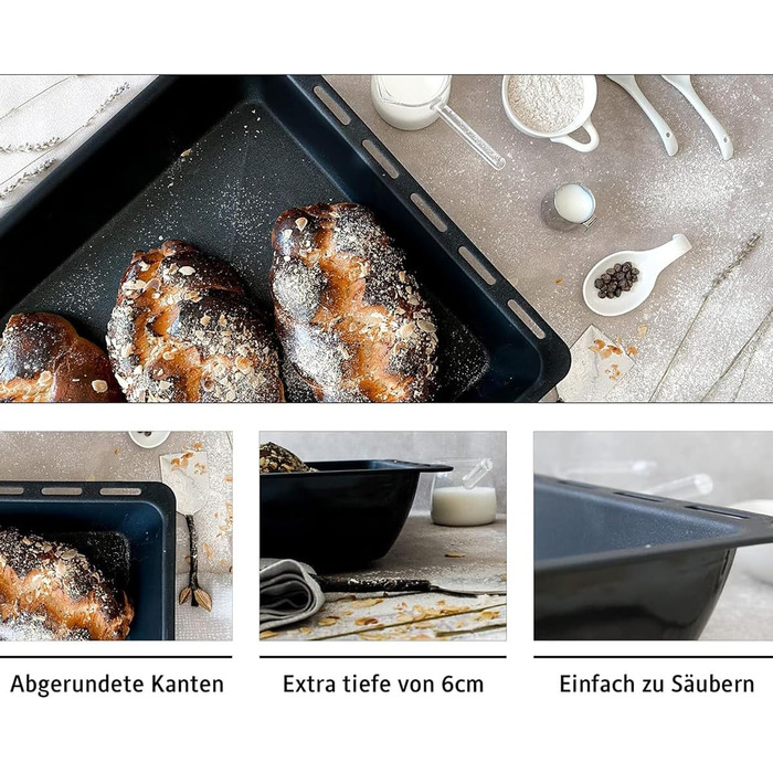 См, набір форм для випікання та решіток, глибока емальована сковорідка 3 см і хромована решітка для духовки та плити, стійка до подряпин і нержавіючої сталі, чорна (емаль 455 x 60 мм), 45,5 x 36