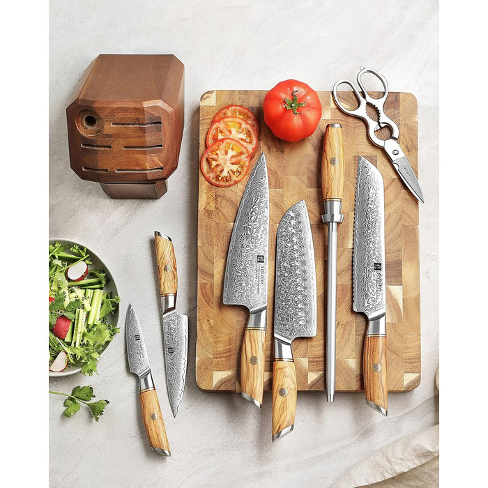 Набор кухонных ножей из дамасской стали в деревянном блоке, 8 предметов XINZUO