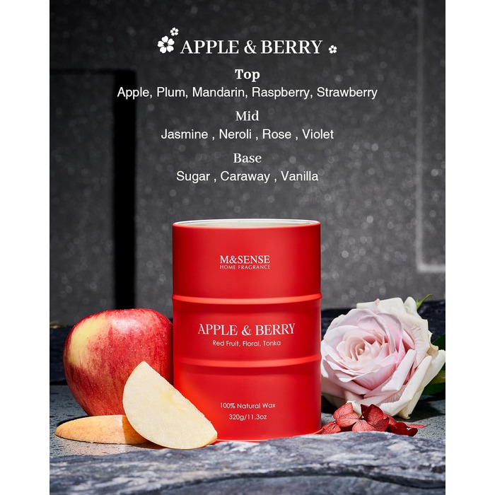 Ароматичні свічки M&SENSE з натурального соєвого воску, натуральна соєва свічка для домашнього декору, тривалий час горіння до 70 годин, класні подарунки-свічки для чоловіків і жінок (320 г, яблуко-ягідний)