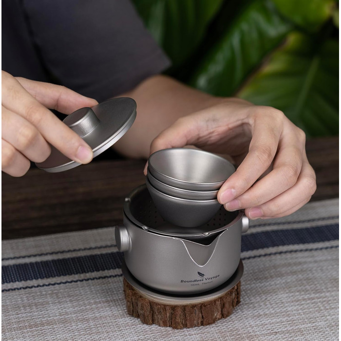 Безмежна подорож Титанова двошарова чайниця з кришкою з фільтром Ультралегкий чайник Кавова чашка проти опіків Посуд для напоїв для кемпінгу Туристичний офіс (Ti3137D-чайник 3 чашки)
