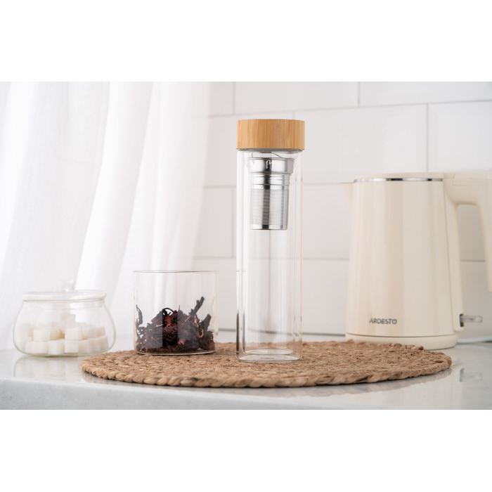 ARDESTO Термос скляний з подвійними стінками, 450 мл, боросилікатне скло, бамбукова кришка