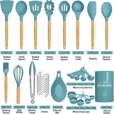 Набір кухонного приладдя Umite Chef, з антипригарним покриттям, силікон, кухонне приладдя, набір лопаток з тримачем, дерев'яна ручка, термостійкий силікон, 24 шт. и (синій)