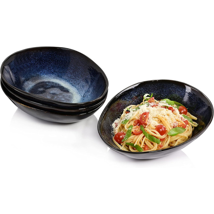 СПІВАЧКА Тарілка для пасти Токіо 4 шт., Тарілка для спагетті 4 персони, Набір посуду з кераміки Макарони, Тарілка з локшиною Можна мити в посудомийній машині, Миска для макаронів ручної роботи, Миска для макаронів синьо-чорна з коричневими вставками Набір