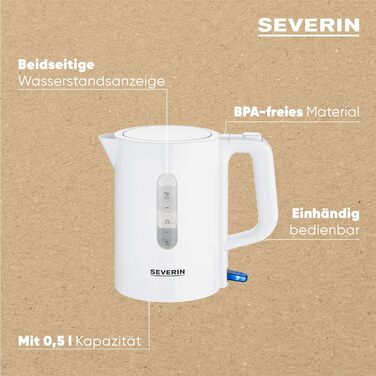 Набір дорожніх чайників SEVERIN, міні-дорожній чайник на 0,5 л, електричний чайник з 2 пластиковими чашками та 2 ложками, матова нержавіюча сталь/чорний, WK 3647 (білий)