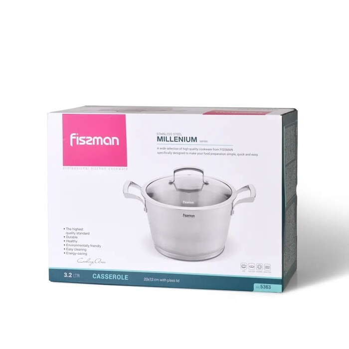 Каструля Fissman MILLENIUM 20x12 см / 3,2л зі скляною кришкою (5363)