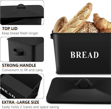 Чорна хлібниця Herogo, дуже велика металева хлібниця для кухні, вінтажна висока хлібниця з кришкою, компактний контейнер для зберігання хліба для стільниці, вміщує 2 хліби, 33 x 24,5 x 19 см