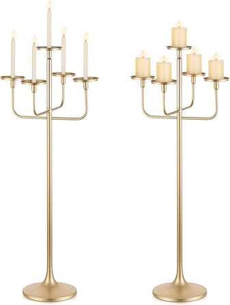 Підсвічник Sziqiqi, великий висота 22 см, 5 вішок, для свічок-паличок, стовпчастих свічок - металевий підлоговий свічник для вітальні на Хелловін, Різдво (золотий, 2)