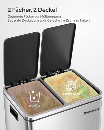 Кухонний контейнер для сміття SONGMICS, 2 x 15 літрів, система розділення сміття, 2 відділення, включаючи 15 мішків для сміття, відро для сміття, відро для сміття з педаллю, перероблені відходи, органічні відходи, кришка з мяким закриттям, LTB30BK (метале