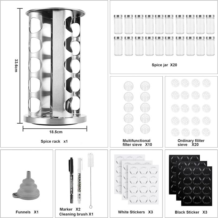 Квадратна стійка для спецій Miorkly з 20 круглими банками для спецій, карусель для спецій з нержавіючої сталі, що обертається на 360, органайзер для спецій, підставка для спецій, що стоїть, банки для спецій зі спринклерною вставкою, банка для спецій, теги