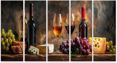 Друк на полотні Сільський натюрморт з пляшками вина, келихами, виноградом, сиром, хлібом на дерев&39яному столі Картини Настінний художній постер (полотно 160x80 см - 5 частин XXL)
