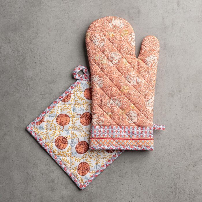 Рукавички для духовки, прихватки для каструль Maison d&39 Hermine, 100 бавовна, термостійкі кухонні рукавички, рукавички для духовки (19 x 33 см) та прихватки для каструль (20 x 20 см) для приготування їжі, Морзін - Рукавички для духовки (19 x 33 см) та п