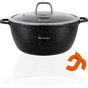 Каструля/горщик GOLDMANN з антипригарним покриттям та скляною кришкою, 6,5 л, мармурове керамічне покриття, для всіх варильних поверхонь, екологічно чиста (32 см)