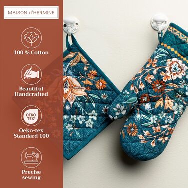 Рукавички для духовки, прихватки для каструль Maison d&39 Hermine, 100 бавовна, термостійкі кухонні рукавички, рукавички для духовки (19 x 33 см) та прихватки для каструль (20 x 20 см) для приготування їжі, Morzine - Рукавички для духовки (19 x 33 см) та 