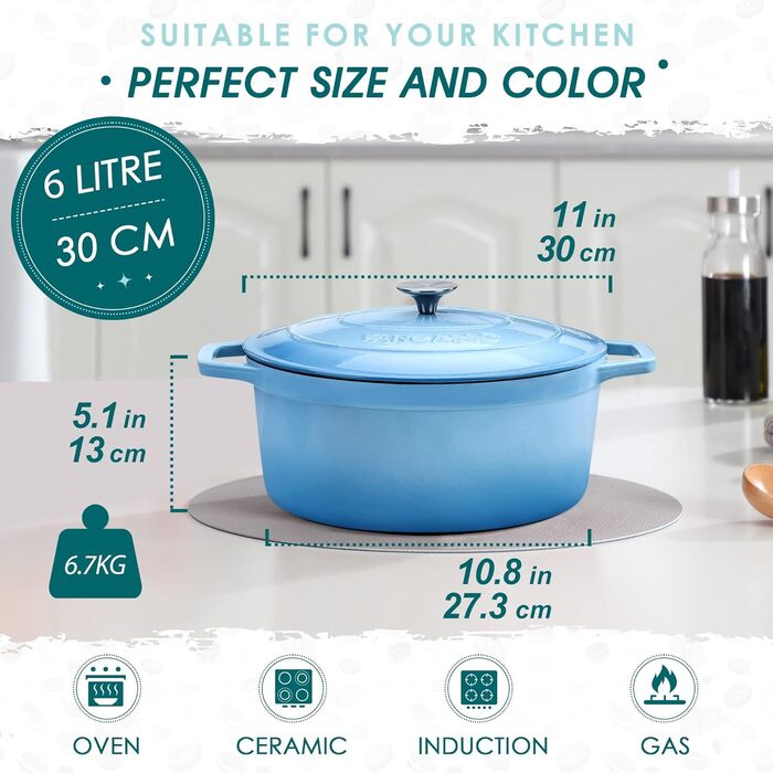 Чавунна овальна емальована каструля 6 л з кришкою, 30 x 13 см, синій vancasso
