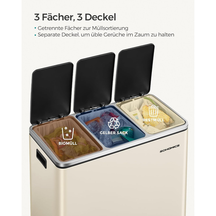 Кухонний кошик для сміття, 3 x 18 л, система розділення сміття, 3 відділення, включаючи 15 мішків для сміття, відро для сміття, відро для сміття на педалі, для перероблених відходів, органічних відходів, з кришкою, LTB54BK (пісочно-бежевий)