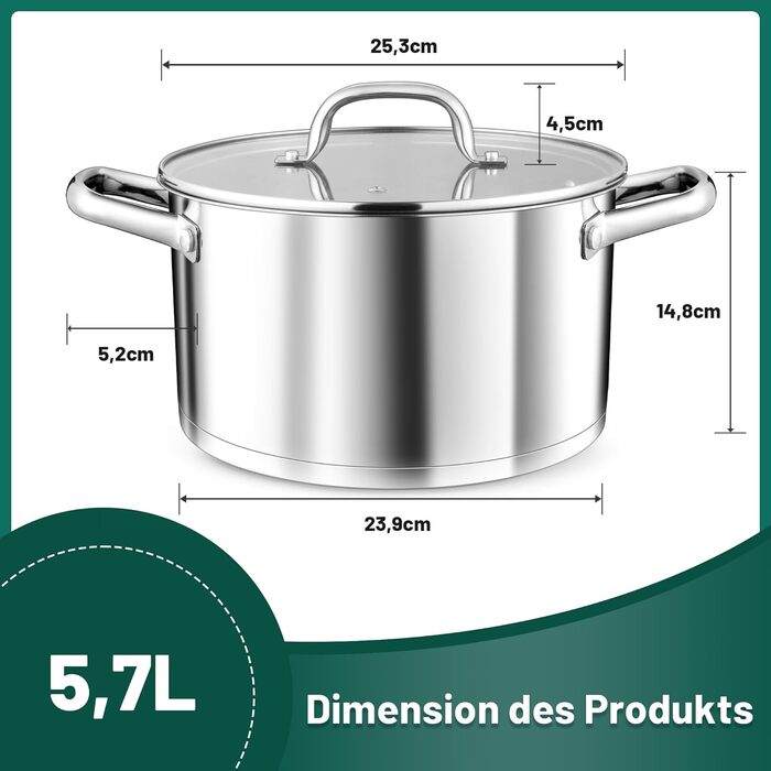 Велика каструля TEAMFAR, каструля з нержавіючої сталі, індукційна плита, скляна кришка, 3-шарове дно для всіх типів плит, каструля для пасти 26 см, каструля для м&39яса, без покриття та нетоксична, можна мити в посудомийній машині (5,7 літра)