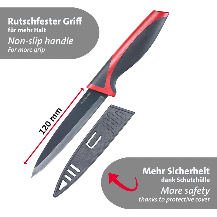 Набір нарізок/ножів Westmark 5 шт. , 1 велика обробна дошка та 4 ножі, обробна дошка 37 х 25,5 см, лезо кухарського ножа/ножа для хліба по 20 см, лезо канцелярського ножа 12 см, лезо ножа для чищення овочів 8 см, 145222E6 (2 ножа для чищення)