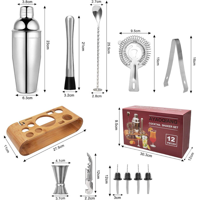 Коктейльний набір з 12 предметів з дерев'яною підставкою, мірною склянкою та барною ложкою AYAOQIANG