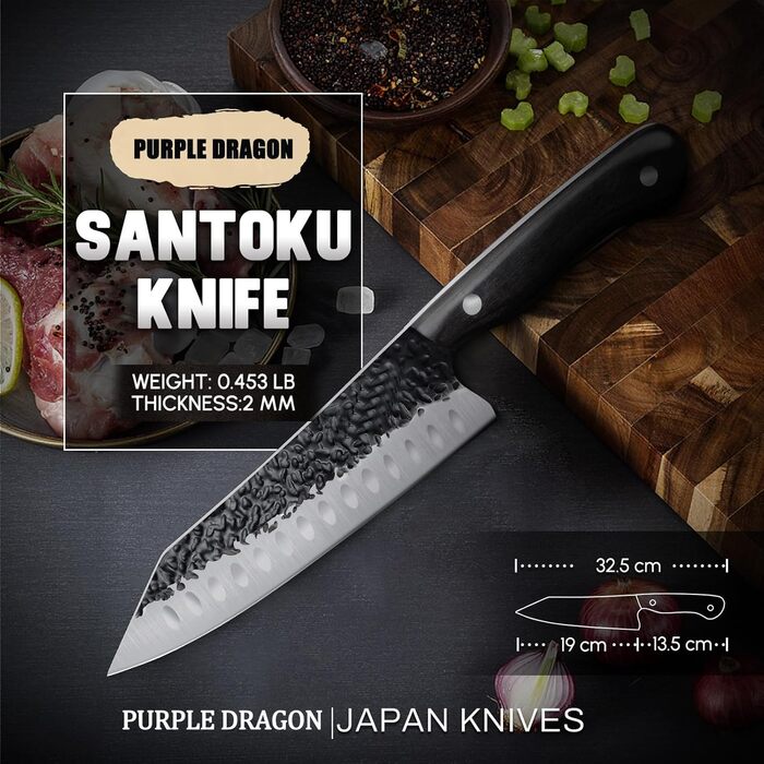 Кухонний ніж &quotФіолетовий дракон&quot, гострий ніж з ергономічною дерев&39яною ручкою для нарізання овочів, фруктів та м&39яса, подарунок татові мамі на день народження (сантоку)
