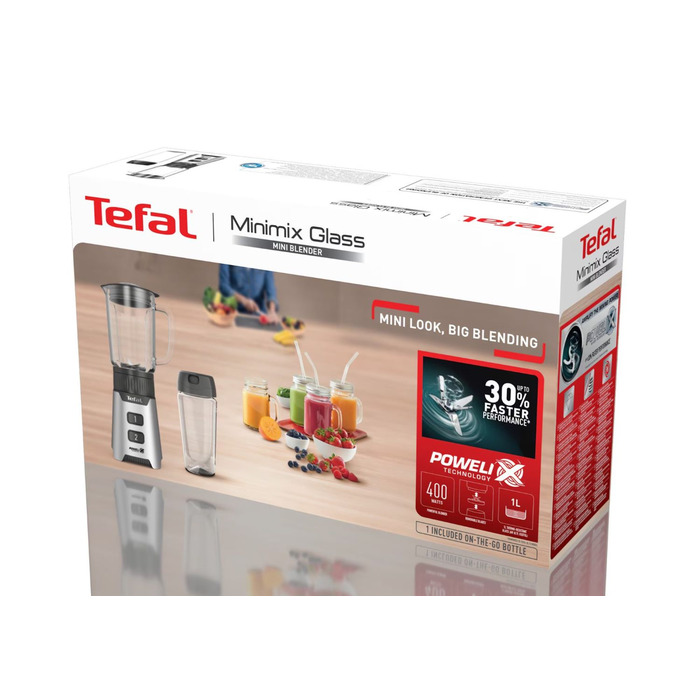 Tefal Блендер стаціонарний Minimix Glass 400Вт, чаша-700мл, ємність для смузі to go, скло, сірий