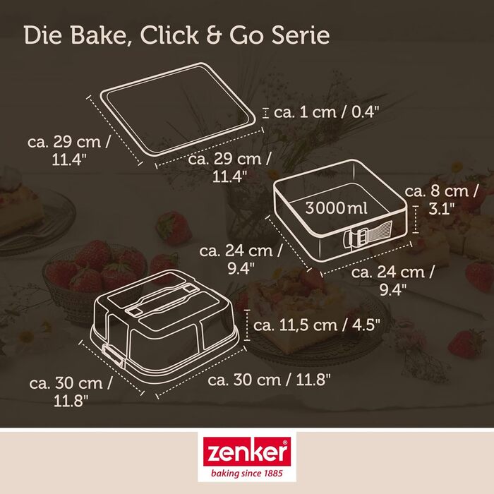 Квадратна пружинна форма Zenker Bake, Click & Go з капюшоном 24 x 24 x 8 см Форма для випічки з відповідною кришкою для прямого транспортування Форма для торта для випікання та транспортування