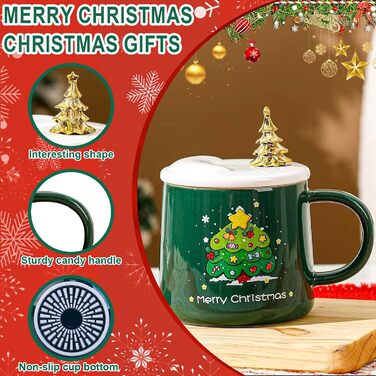 Милі кухлі Санта-Клауса ZONSUSE, кухоль з Різдвом Христовим, 3D різдвяна кружка, з ручками у формі цукерок та ложкою у формі ялинки, ідеї різдвяних подарунків для жінок і чоловіків 400 мл (A-зелений) (B-зелений)