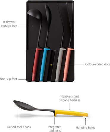 Набор кухонных принадлежностей, 5 предметов на подставке, разноцветные Elevate  Joseph Joseph