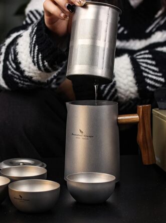 Мл Титановые чайники Чашки Набор с заварочным устройством для рассыпного чая Светлый чайник На открытом воздухе Кемпинг Дорожный чайник Чайный сервиз Пикник Пешие прогулки Сад Офис Домашняя чайная посуда для 4 человек Ti3117D (Ti3116D-380 мл Чайник титано