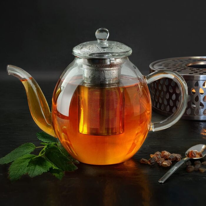 Чайник из Creano glass с крышкой для чая 500 мл из чайных цветов, чайных роз и листового чая, а также чайных пакетиков качественный, термостойкий (1,5 л)