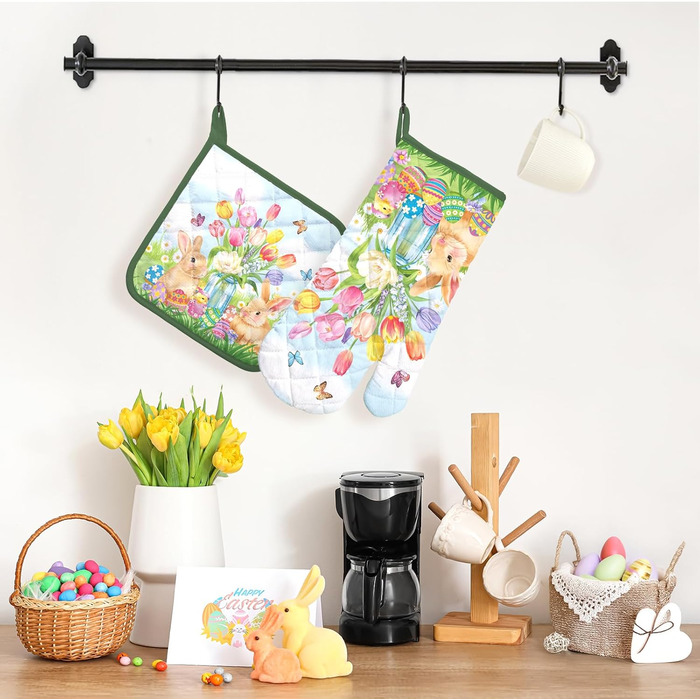 Різдвяний набір із 2 рукавичок для духовки та підставок для каструль Arquiel, 100 бавовняні кулінарні рукавички, термостійкі кухонні рукавички для приготування їжі, різдвяні подарунки на кухню для жінок (Великдень 01, рукавички для духовки підставки для к