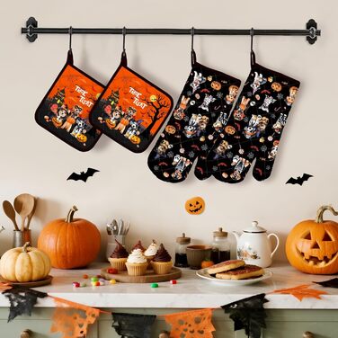 Різдвяний набір із 2 рукавичок для духовки та прихваток Arquiel, 100 бавовняні кулінарні рукавички, термостійкі кухонні рукавички для приготування їжі, різдвяні подарунки на кухню для жінок (Хелловін 02, рукавички для духовки*2 прихватки*2)