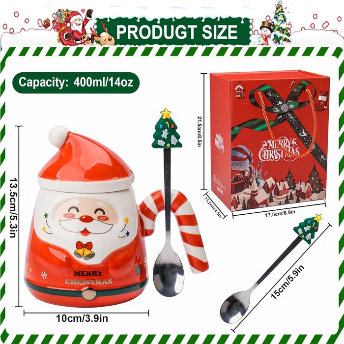 Милі кухлі Санта-Клауса ZONSUSE, кухоль з Різдвом Христовим, 3D різдвяна кружка, з ручками у формі цукерок та ложкою у формі ялинки, ідеї різдвяних подарунків для жінок та чоловіків 400 мл (A-зелений) (A-червоний)
