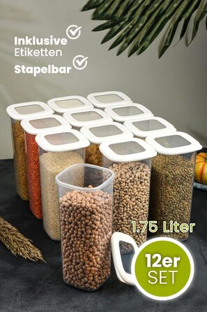Банки для хранения с герметичными крышками Набор из 24 контейнеров для хранения БЕЗ БИСФЕНОЛА А Для мюсли, хранения муки и сахара Практичный кухонный ящик для хранения всех продуктов (набор из 12 белых 1750 мл)