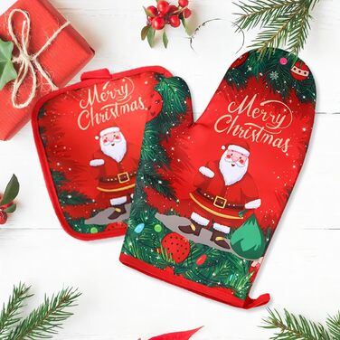 Рукавичка для духовки та прихватка для каструль з різдвяним дизайном, набір 2 предмети, червоні Embhlitfe