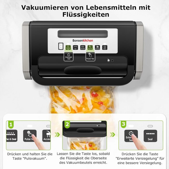 Вакуумний пакувальник з нержавіючої сталі та 2 вакуумних рулони, 15 л/хв 125 Вт Bonsenkitchen