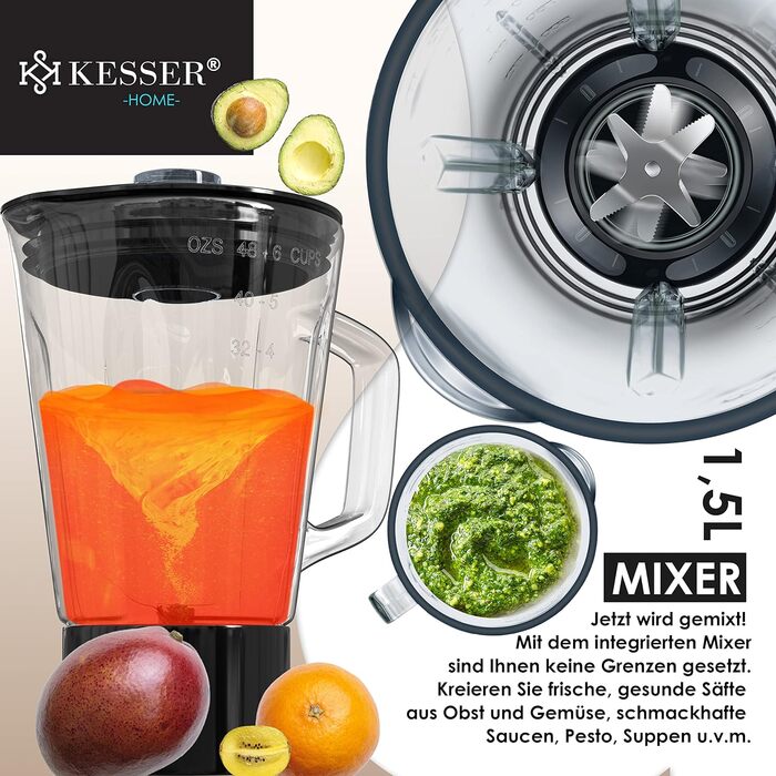 Універсальний кухонний комбайн KESSER 3 в 1 K-KM 3000 з м'ясорубкою Тістомісильна машина Багатофункціональний міксер Чаша 5,5 л з 3 інструментами для перемішування, соковижималка 1,5 л, набір ковбас, форми для пасти та печива чорні (кремові)