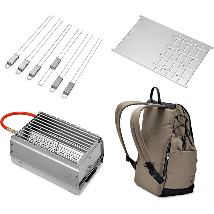 Мобільний газовий гриль Bruzz Willi BW1.1 на 50 мбар, велосипедний рюкзак з охолоджувальним відділенням, легке складання та розбирання, пальник 3,5 кВт, знімний піддон для жиру, включаючи мультиінструмент (BW1.1 з планкою та шампурами)