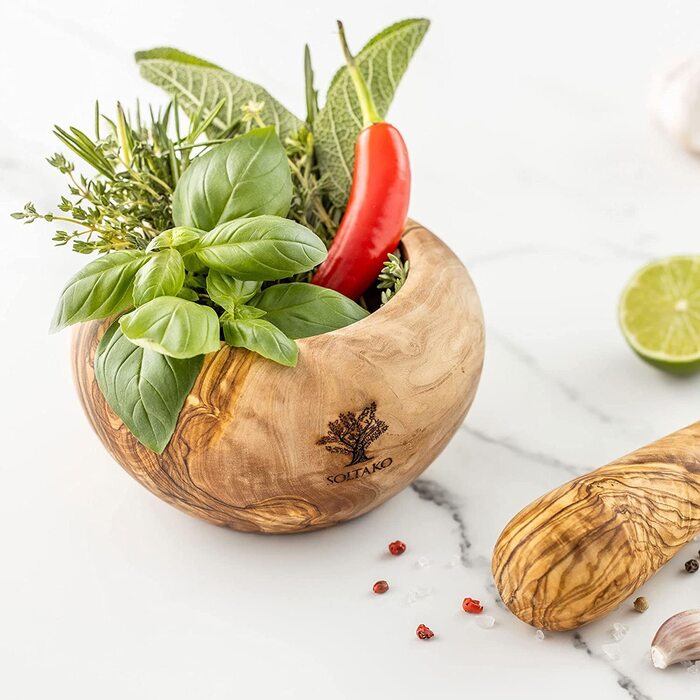 Оливковая ступка и набор пестиков - Ступка - Деревянная ступка - Экологичная ступка для трав и специй Ø Диаметр около 12 см Круглый Ø 12 см