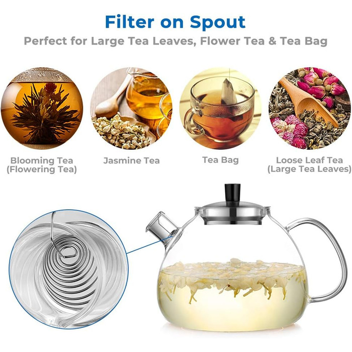 Скляний чайник з фільтром для чаю 1,5 л сріблястий ecooe