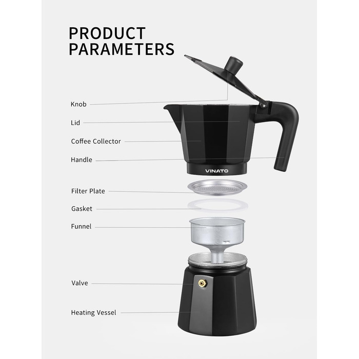 Кавоварка для еспресо на 6 чашок, чорна VINATO