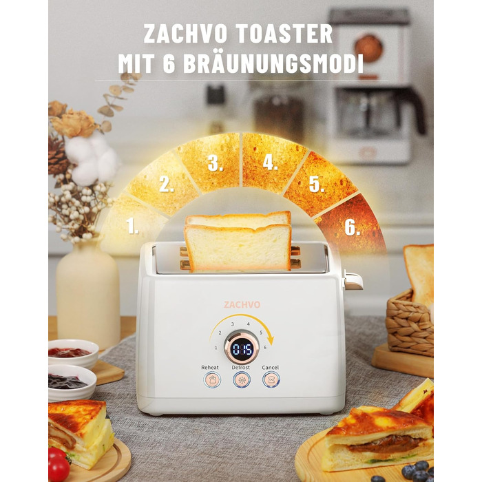 Тостер на 2 скибочки, тостер ZACHVO з підігрівом булочок, 6 рівнів підрум&39янювання, 850 Вт, знімний піддон для крихт, світлодіодний екран, високий підйом, розігрів, розморожування, функція скасування