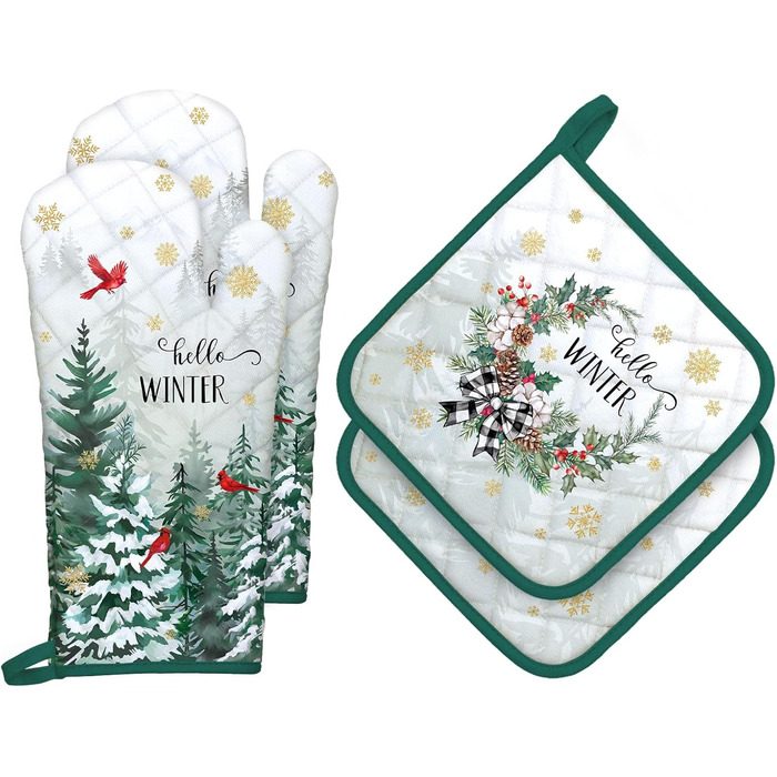 Набір з 2 різдвяних рукавичок для духовки та підставок для каструль Arquiel, 100 бавовняні кулінарні рукавички, термостійкі кухонні рукавички для приготування їжі, різдвяні подарунки на кухню для жінок (лісова ялинка, рукавички для духовки*2 підставки для