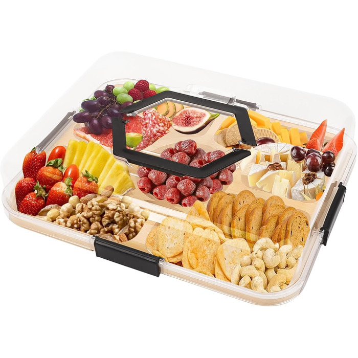 Коробка для снеків Clyfanesy з 6 відділеннями, розділений дерев&39яний піднос з кришкою та ручкою, портативний органайзер для коробки для снеків, практичний піднос для дивана, герметичний органайзер для тарілок для снеків та горіхів, 6 відділень (5 відділ