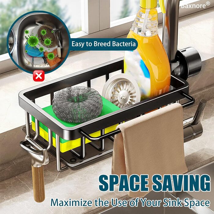 Органайзер для кухонного крана Baxnore з алюмінію, підвісна стійка для зливу крана з піддоном для крапель, тримач для губки для кухонної мийки, стійка для зливу кухні (чорний)